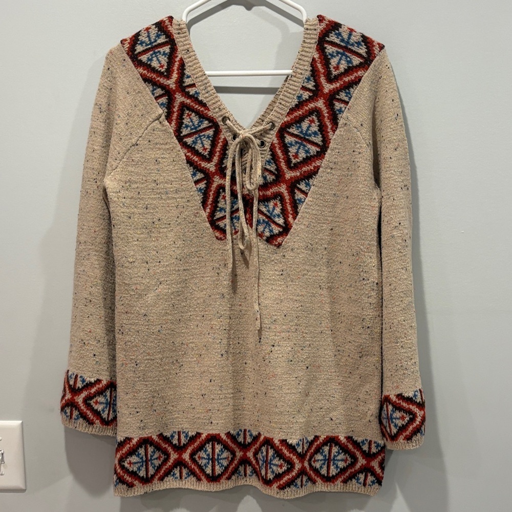 Mystree Beige V-Neck Sweater with Red and Blue Accents